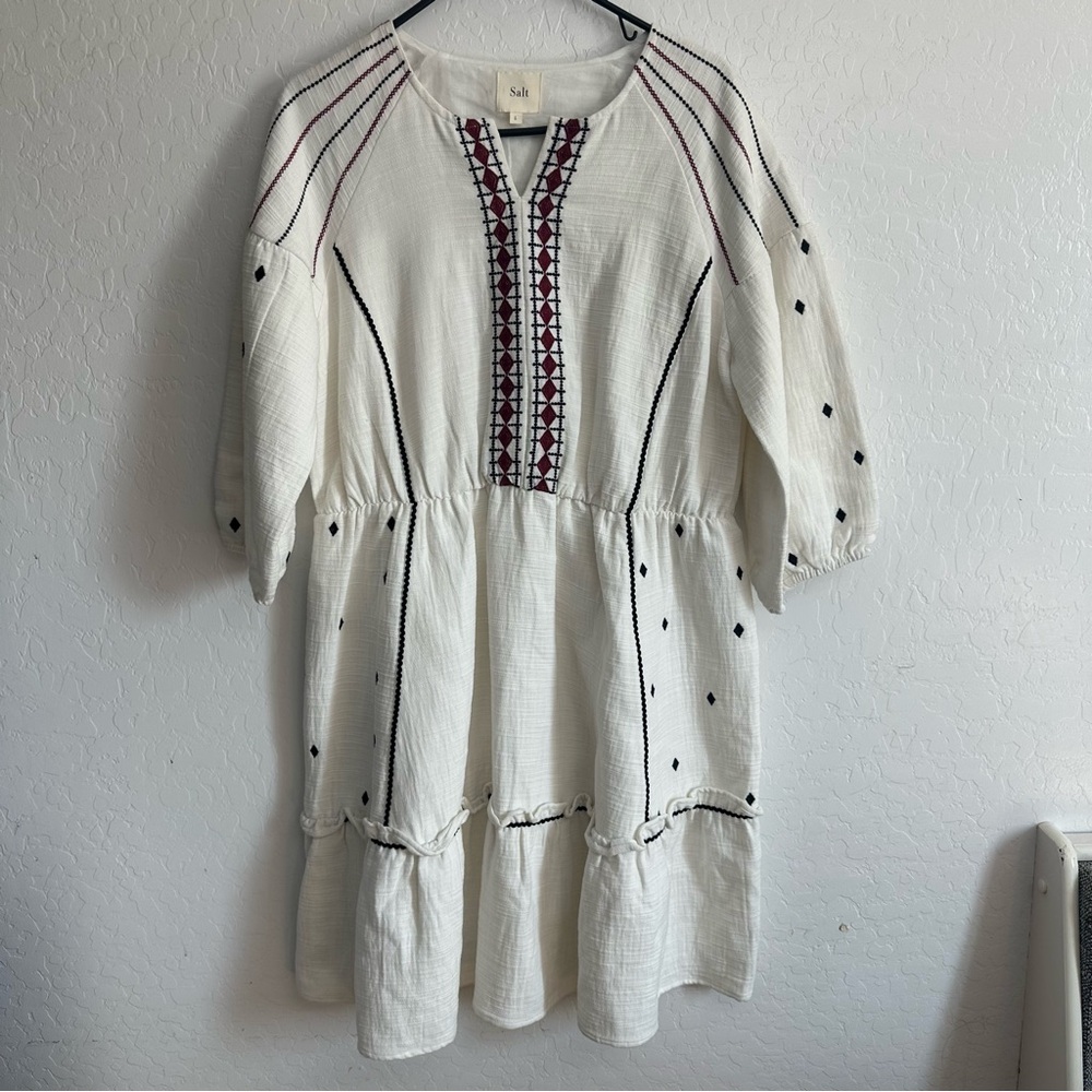 Eliyas Salt large Aztec 100% cotton‎ dress embroidered southwestern white